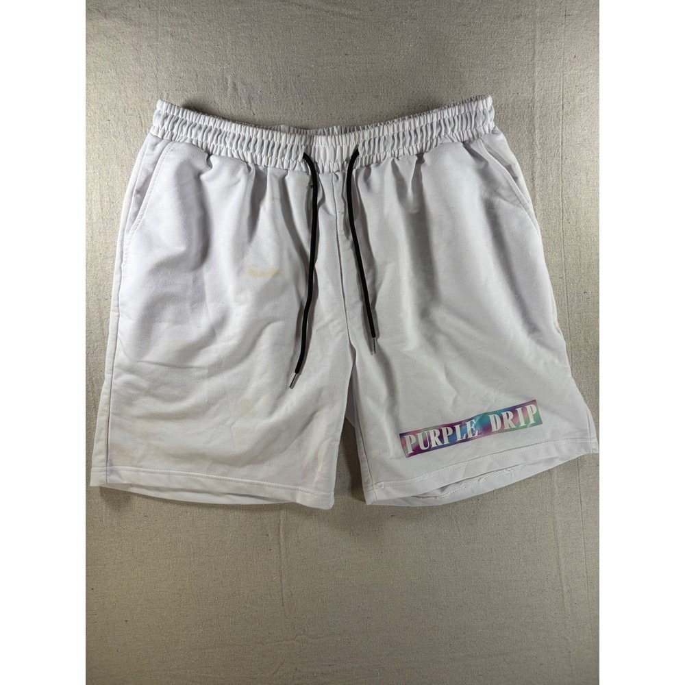 Romwe Sweat Shorts Mens XL White Purple Drip Graphic Athletic Casual Drawstring